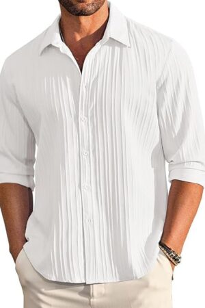 KEMLA Men's Casual Button Down Shirts Long Sleeve Linen Shirt Fashion Textured Beach Summer Shirt