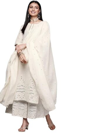 Libas Women Embroidered Cotton Straight Kurta & Palazzo With Dupatta