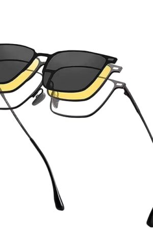 Dervin 3 in 1 Magnetic Clip on Glasses for Men and Women | UV Protected Polarized Sunglasses | Titanium Frame Anti-Glare Bluelight Blocking Computer Glasses | Yellow Glasses for Driving