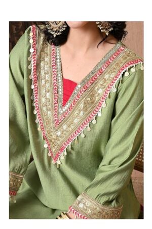 HOUSE OF FUSION Women’s Elegant Cotton Blue Embroidered Co-Ord Set | Stylish Lace-Trimmed Kurta & Pant Set | Soft & Breathable Fabric |