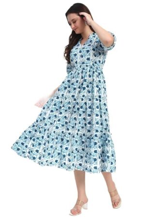 Women's Floral Summer Maxi Dress I Cotton Printed I One Piece Bodycon Midi Dress with V-Neck, Puffed Sleeves