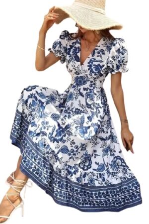 Floral Summer Dress, Puff Sleeve V-Neck, Blue and White Porcelain Print, Midi Length