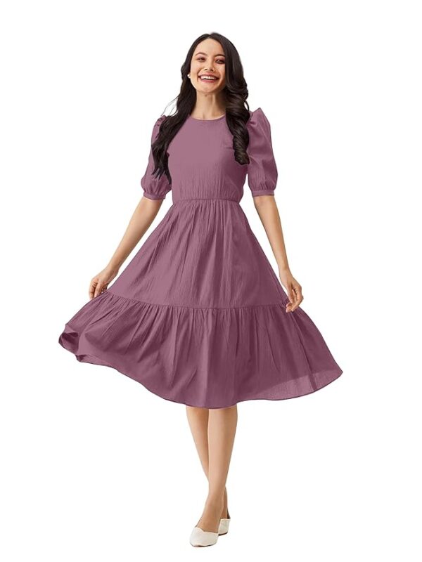 TRENDMALLS Dress for Women Satin Cotton Round Neck Half Puff Sleeve Flared Pleated Midi Western Dress