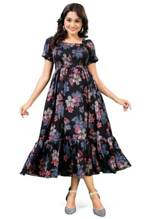 Women's Cotton Midi Dress with Floral Print Puffy Short Sleeves Square Neck Western Style Regular Fit and Knee Length