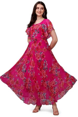 Fashion2wear Women's Georgette Floral Digital Print Short Sleeve Full-Length Fit & Flare Long Gown Dress for Girls (LN-X9TQ-MN1D)