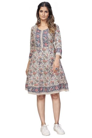 Women's Floral Print Flared Cotton Beige Stitched Dress
