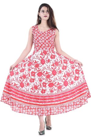 Doraya Women's Cotton Rajasthani Jaipuri Traditional Floral Printed Long Midi Maxi One Piece Dress