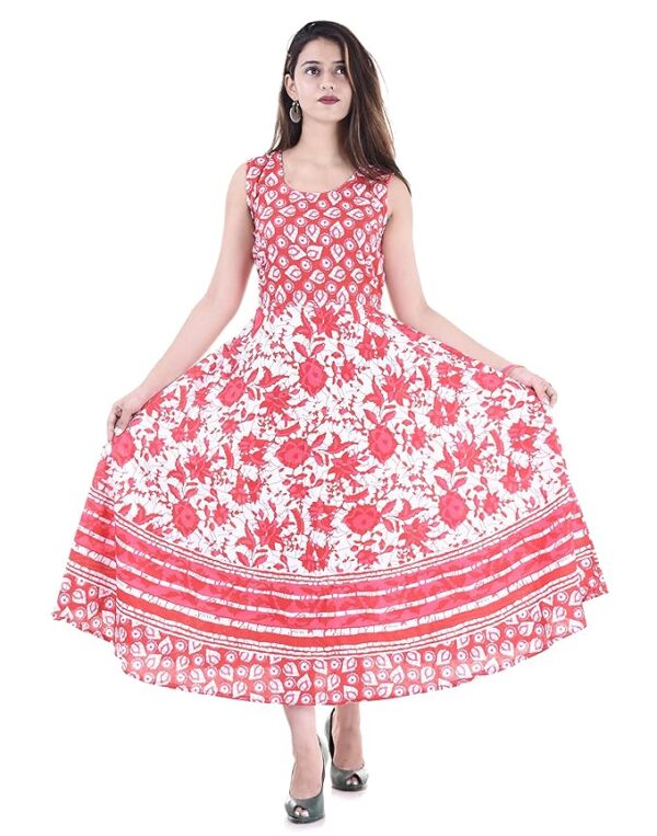 Doraya Women's Cotton Rajasthani Jaipuri Traditional Floral Printed Long Midi Maxi One Piece Dress